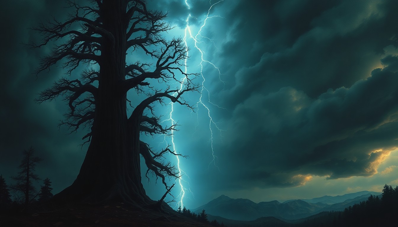 A dramatic landscape painting in muted tones, with a massive, splintered redwood tree dominating the foreground, its broken branches and debris dwarfed by the sweeping, atmospheric sky above, conveying the overwhelming power of the natural disaster.