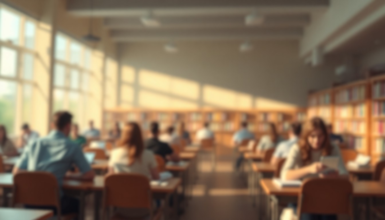 A hazy, impressionistic scene of people working at desks in a library, with soft, warm lighting and blurred, abstract shapes, conveying the welcoming and helpful atmosphere of the free tax prep services.