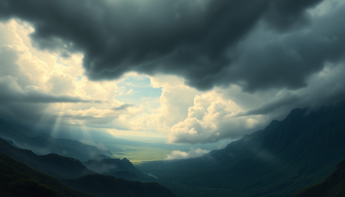 A vast, atmospheric landscape painting in muted tones of gray, green, and blue, depicting a dramatic, stormy sky over the tropical terrain of Oahu. The scene uses deep perspective and dramatic lighting to convey the overwhelming scale of the natural forces at play, with any physical structures or landmarks obscured by the powerful weather conditions.