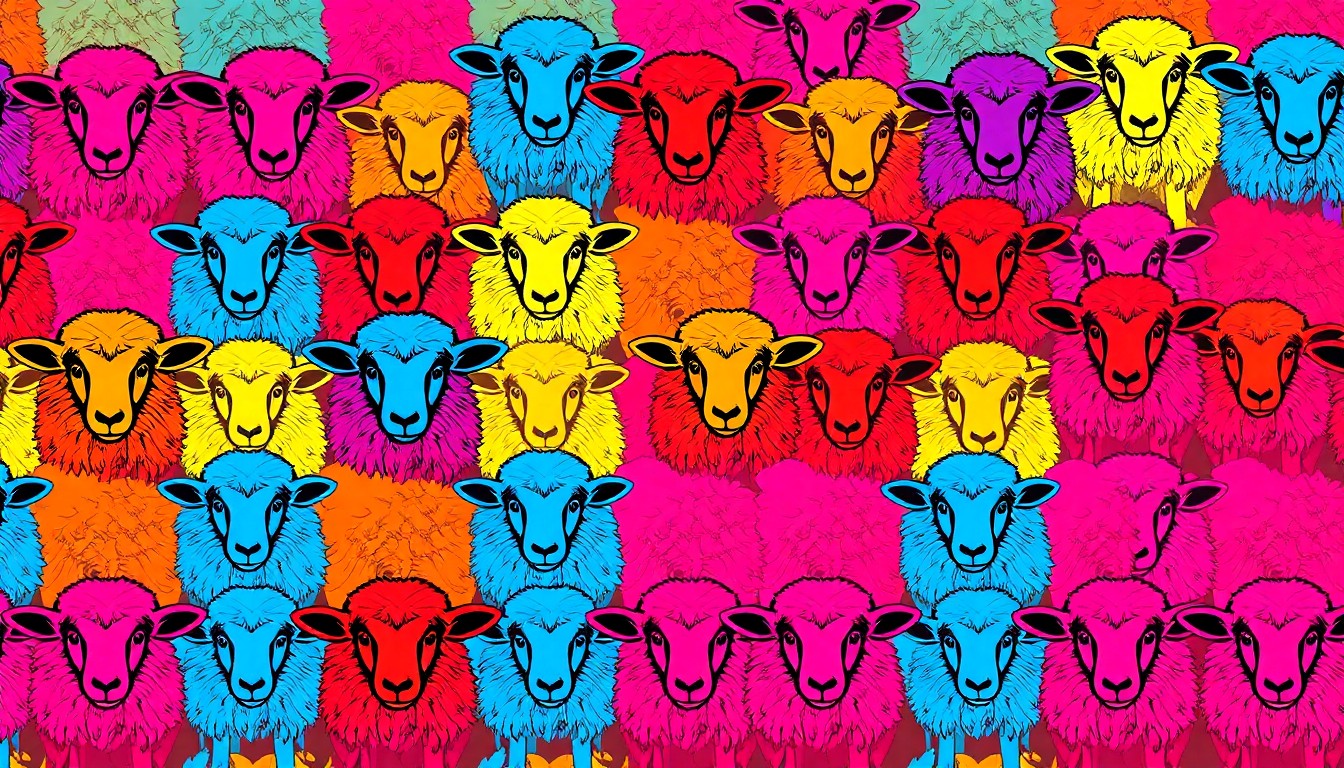 A vibrant, high-contrast silkscreen print featuring a repeated icon of a sheep in a grid pattern, rendered in a bold, pop art style with flat, neon colors and heavy black outlines.
