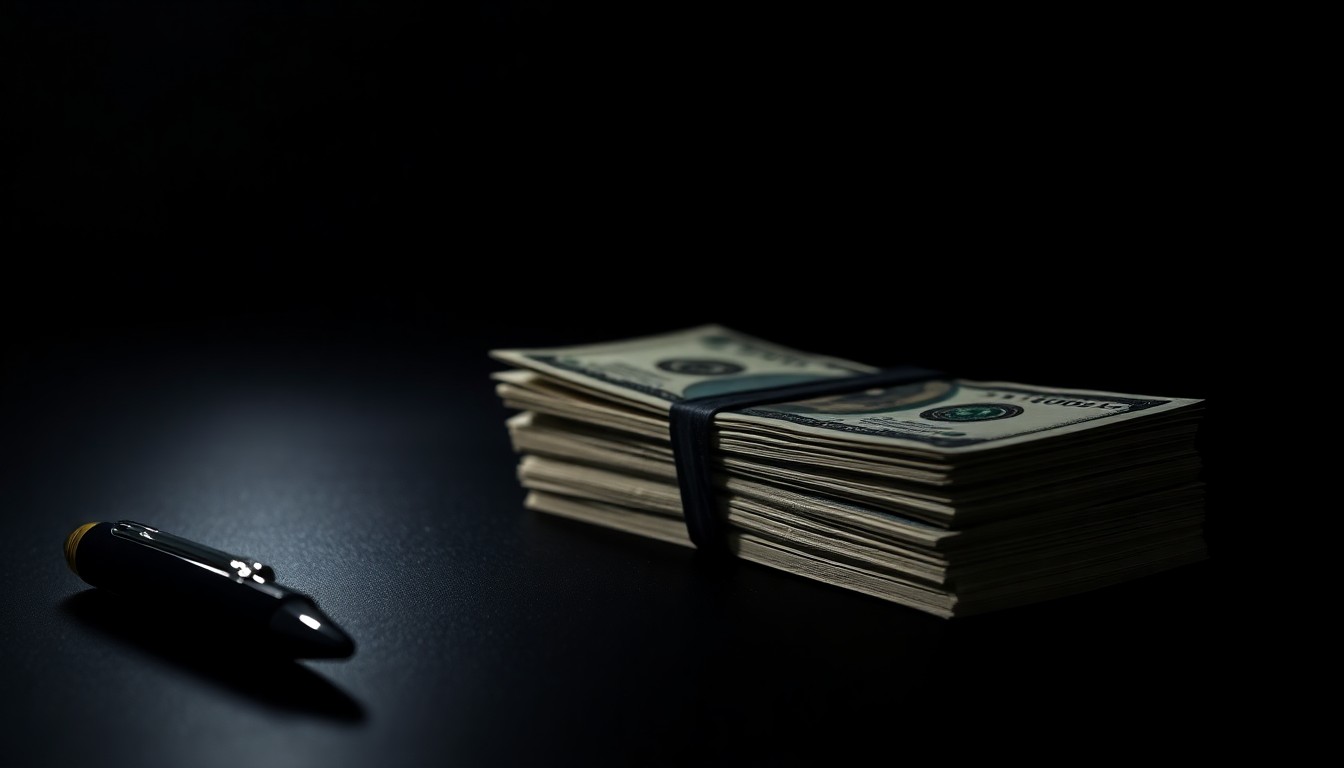 An extreme close-up photograph of a stack of cash and a pen on a dark background, lit by a harsh, direct camera flash, conceptually representing the financial irregularities uncovered in this case.
