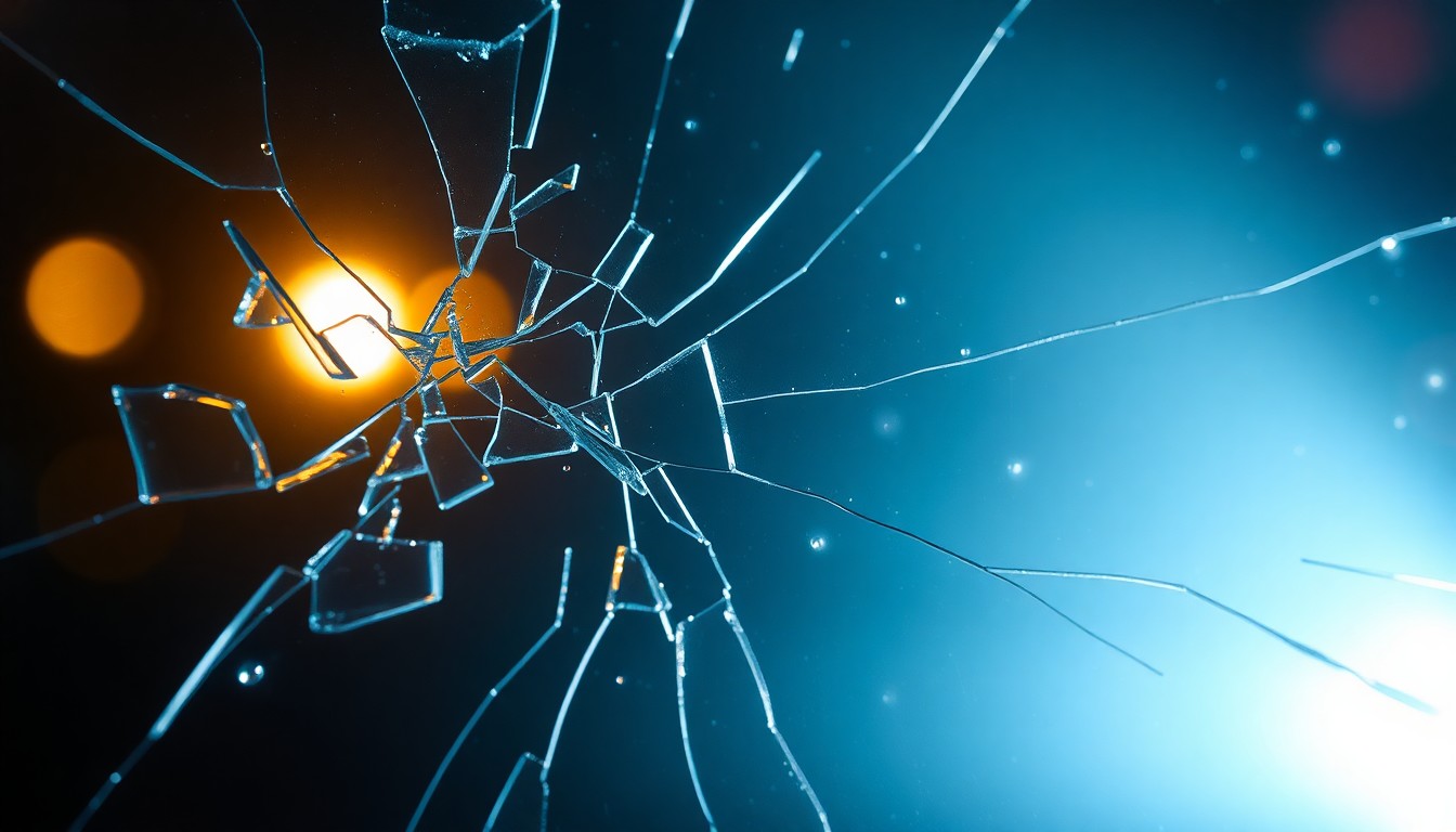 An abstract close-up photograph of a shattered glass surface reflecting a faint spotlight, conveying a sense of fragility and vulnerability.