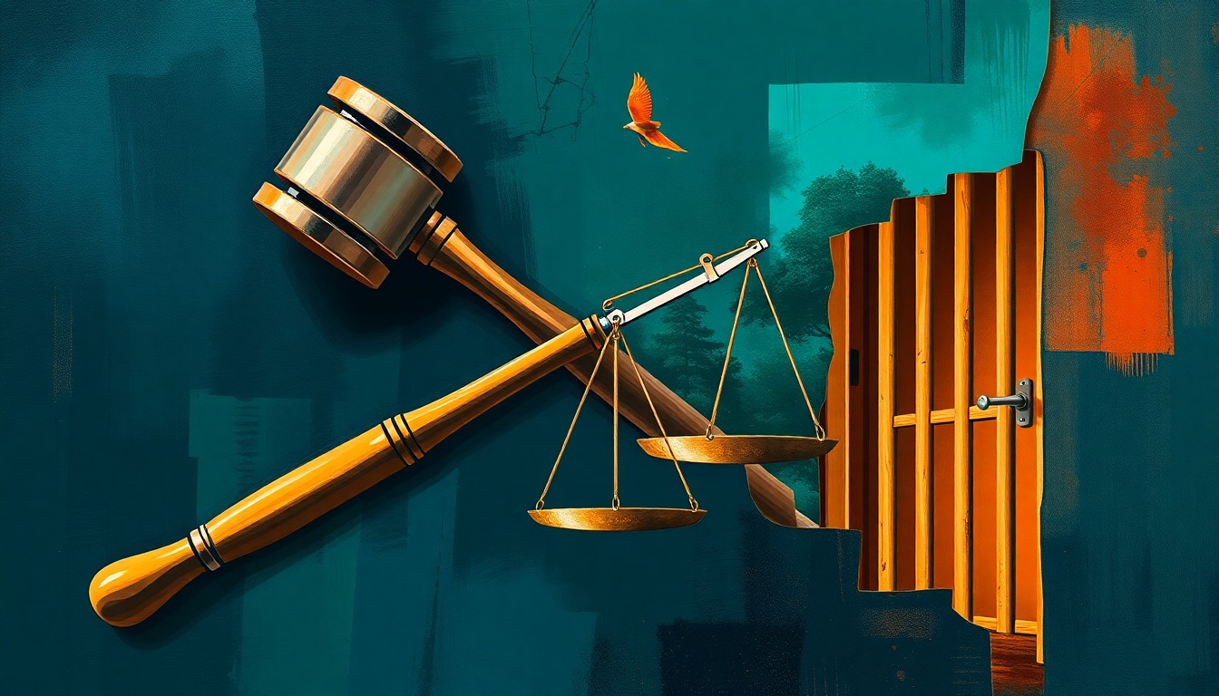 A dynamic, abstract painting featuring overlapping, fractured geometric shapes in shades of blue, green, and orange, representing the scales of justice, a prison cell door, and a gavel, conceptually illustrating the political tensions surrounding the election of a formerly incarcerated man to a local government office.