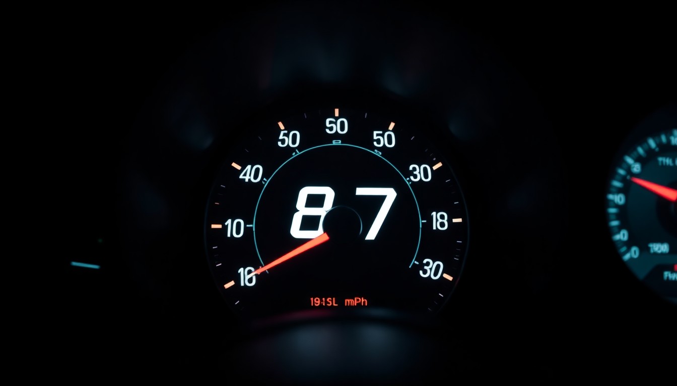 An extreme close-up photograph of a car's speedometer showing 87 mph, lit by a harsh, direct camera flash against a pitch-black background, conceptually illustrating the speeding incident involving the Georgia basketball player.