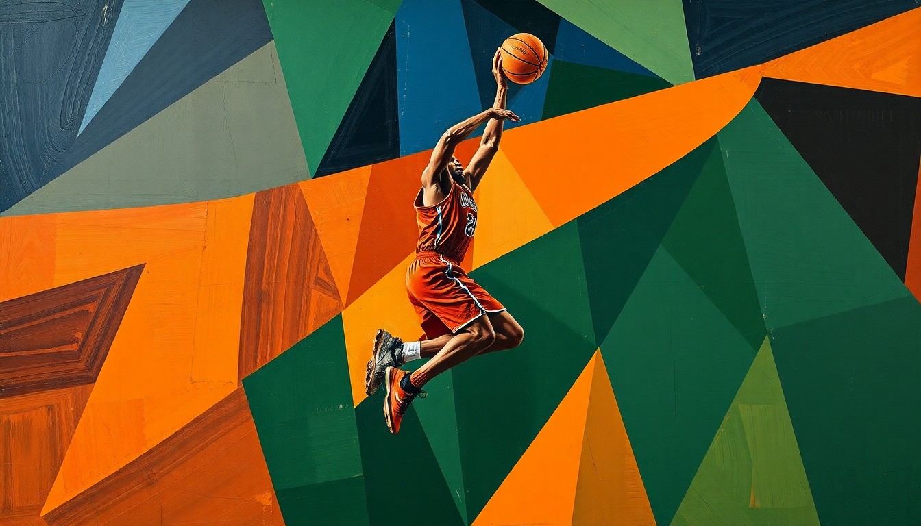 A cubist, geometric painting depicting a basketball player's jump shot broken down into overlapping planes of color, representing the fragmented state of the Iowa basketball team after the loss of a key contributor.