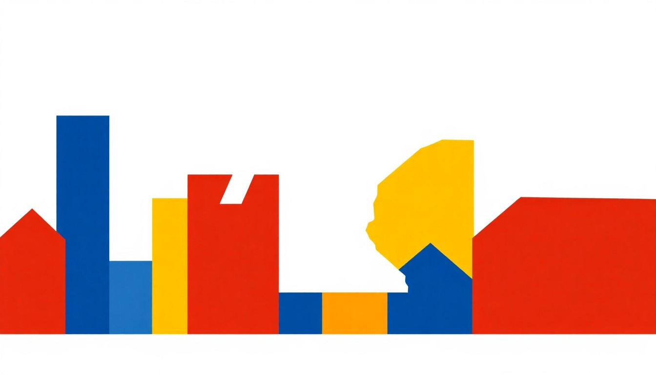 An abstract geometric illustration using bold shapes and primary colors to conceptually depict the 7% increase in combined county property tax levies across southeast Minnesota.