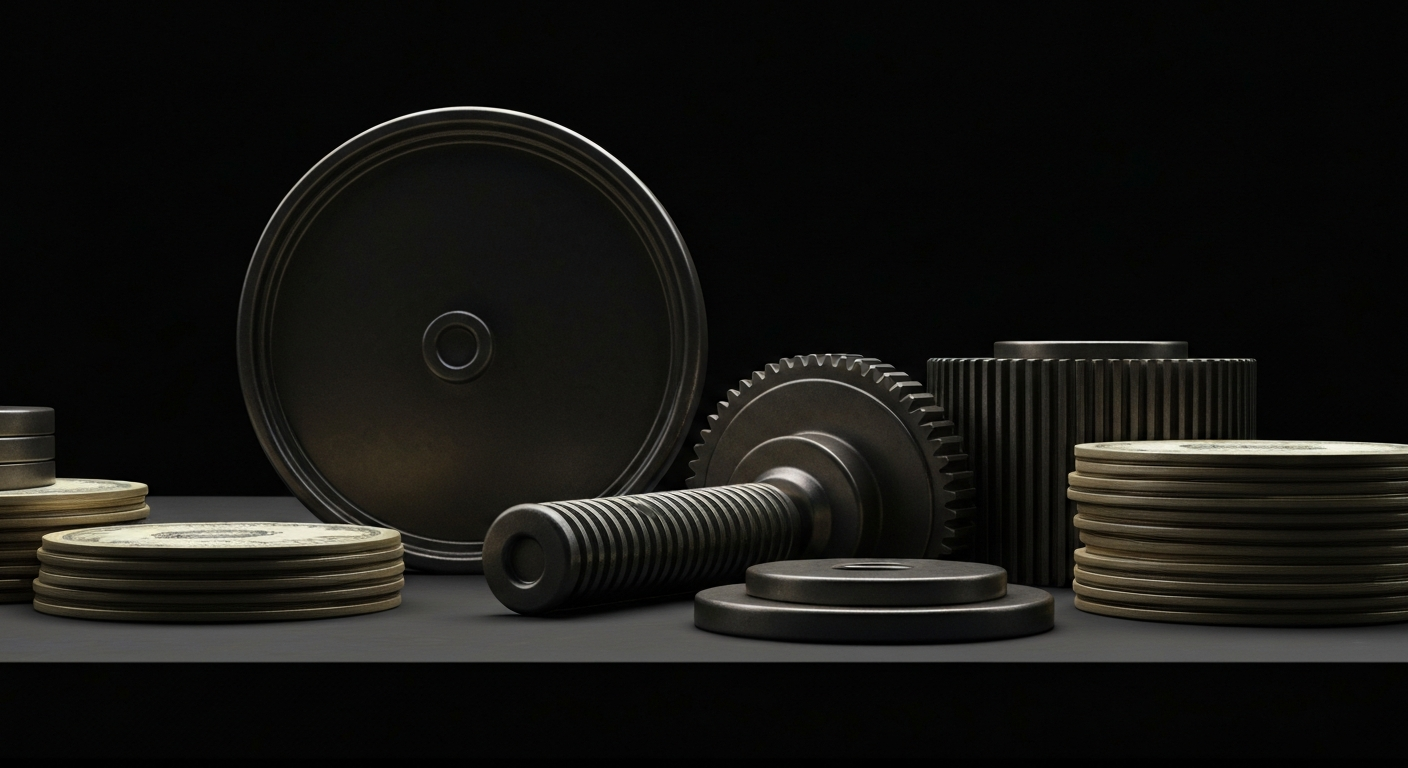 An extreme close-up of complex financial machinery and equipment, conveying a sense of industrial power and institutional banking without depicting any literal currency or financial symbols.