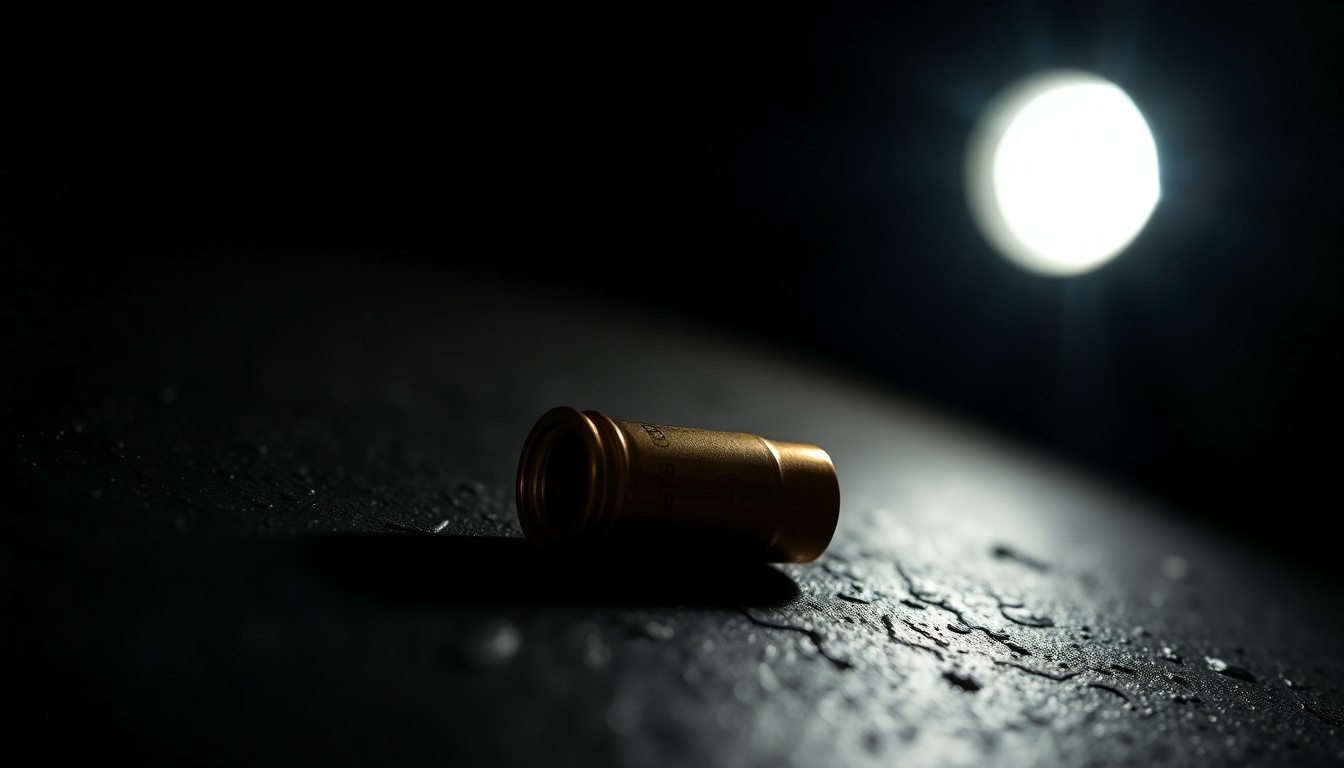 An extreme close-up of a single spent shell casing on a dark, textured surface, reflecting the harsh light of a camera flash, conceptually representing the physical remnants of a tragic school shooting incident.