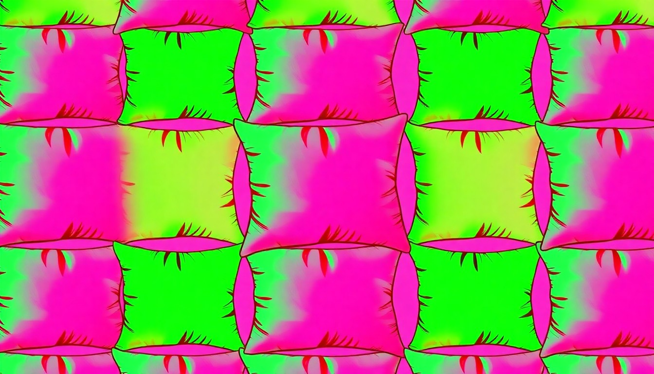 A vibrant, high-contrast silkscreen print of a single, stylized throw pillow shape repeated in a tight grid pattern, using a bold neon color palette and heavy black outlines to transform an everyday object into modern pop art.