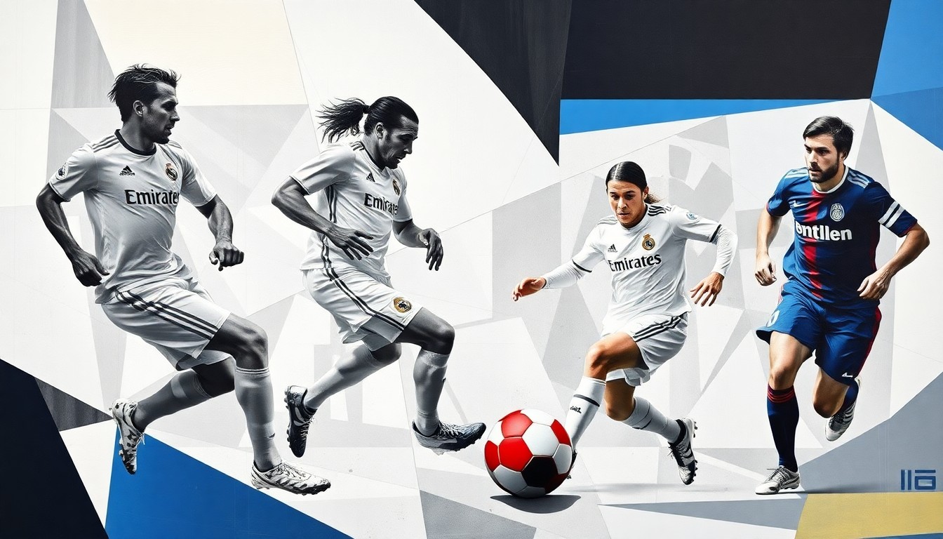 A cubist-style painting depicting a soccer match between Real Madrid and Girona, with the players and ball rendered as abstracted, overlapping geometric shapes in shades of white, gray, blue, and red.