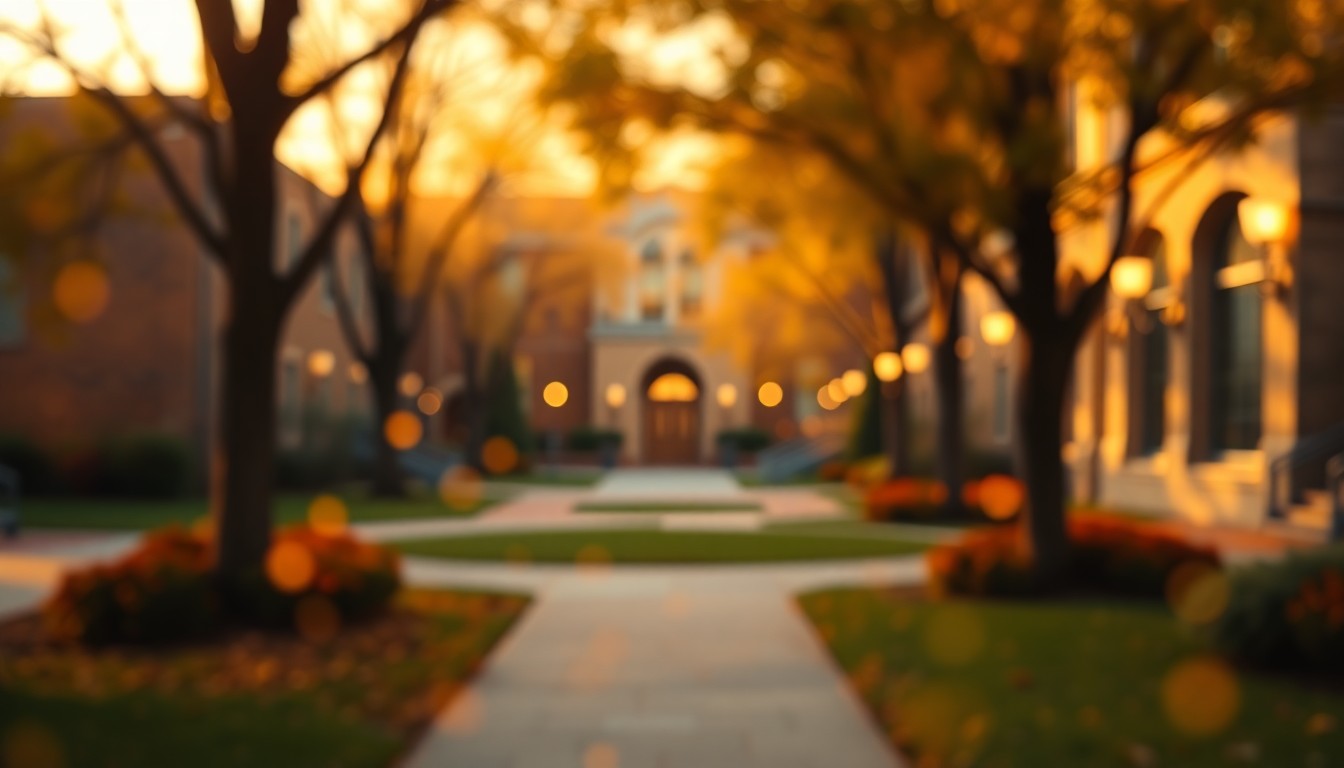 An abstract, impressionistic scene of soft, blurred light and color, evoking the welcoming atmosphere of a university campus.