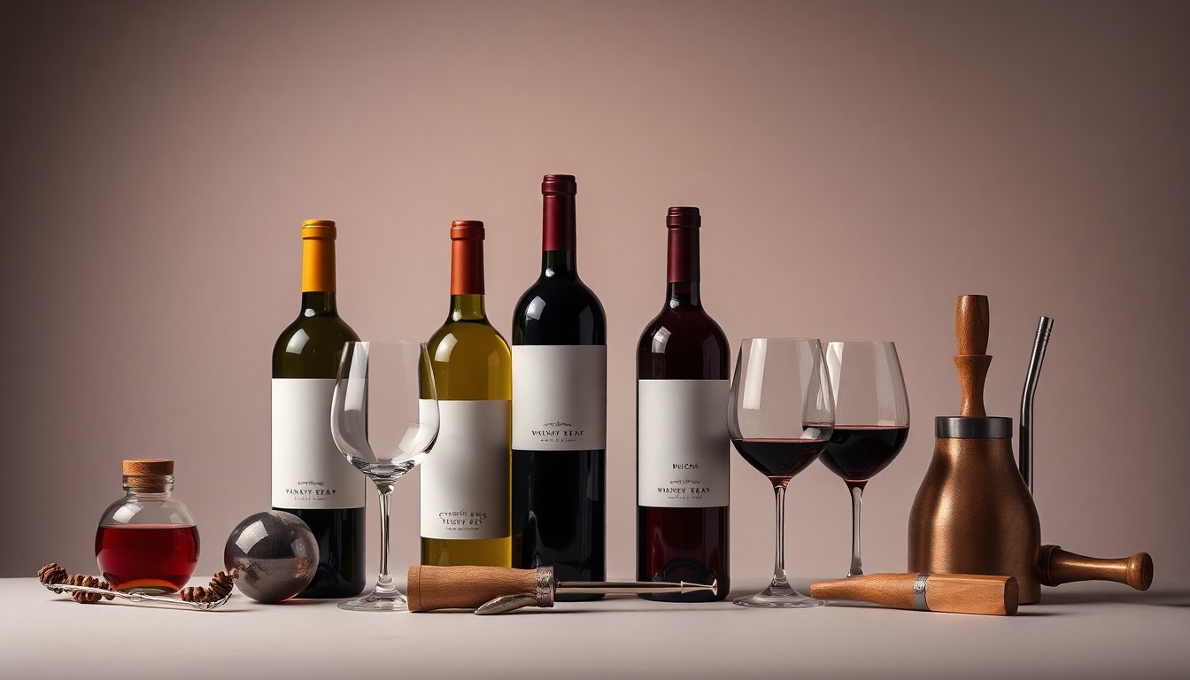 A high-end studio still life featuring an elegant arrangement of wine bottles, glasses, and premium winemaking tools on a clean, monochromatic background, symbolizing the craftsmanship and attention to detail behind Cyrenity Sips Winery's award-winning products.