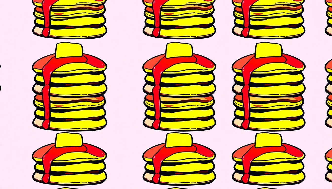 A vibrant, pop art-inspired illustration featuring a repeating grid of brightly colored, stylized pancake stacks, conceptually representing the energy and community spirit of a long-running local fundraising event.