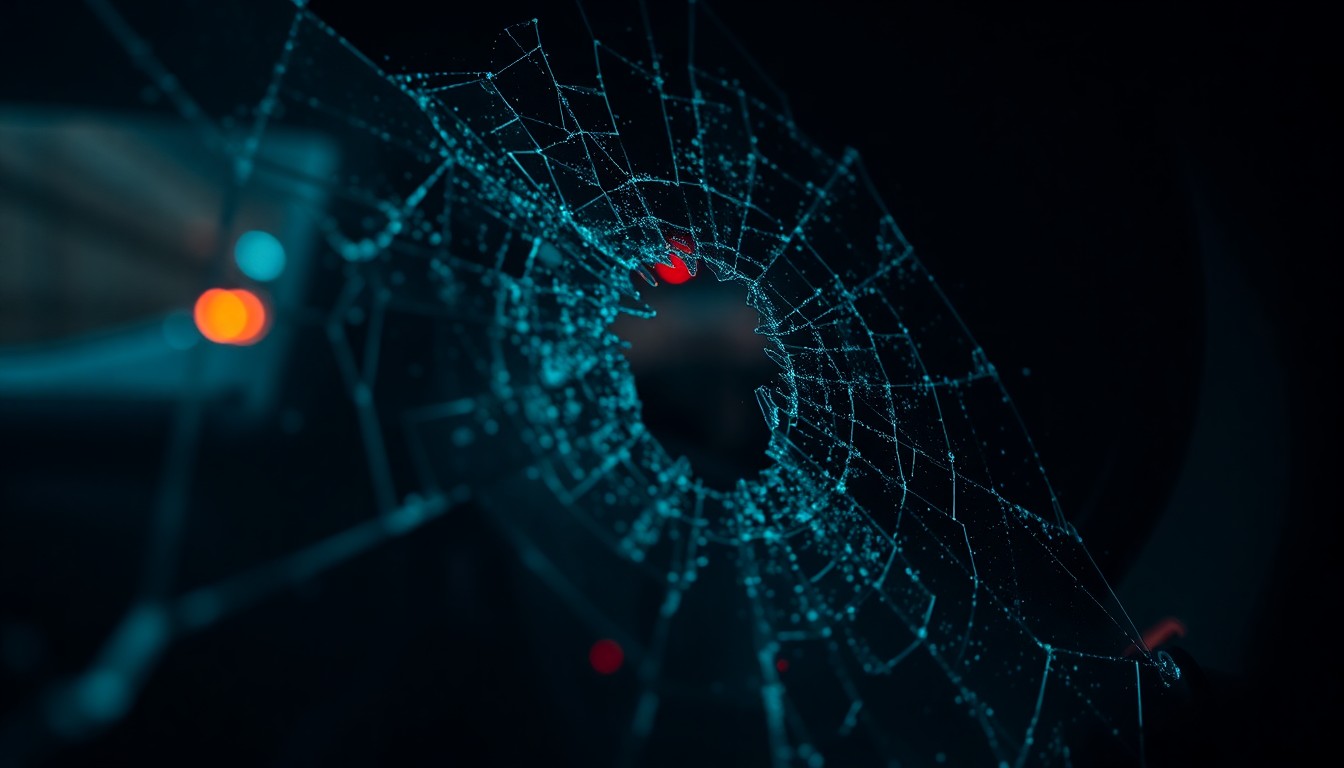 An extreme close-up photograph of shattered car window glass reflecting a faint red light, conveying the gritty aftermath of a fatal crash through dramatic lighting and texture.