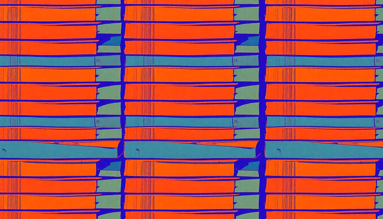 A vibrant, high-contrast silkscreen print of a stack of books repeated in a grid pattern, using bold neon colors and heavy black outlines to create a conceptual pop art representation of the community's investment in public libraries.