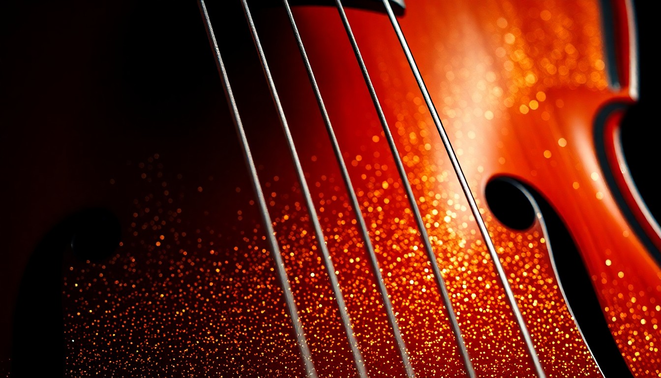 An abstract close-up photograph of the shimmering, textured strings of a cello, captured in dramatic studio lighting to evoke a sense of high-end glamour and artistry.