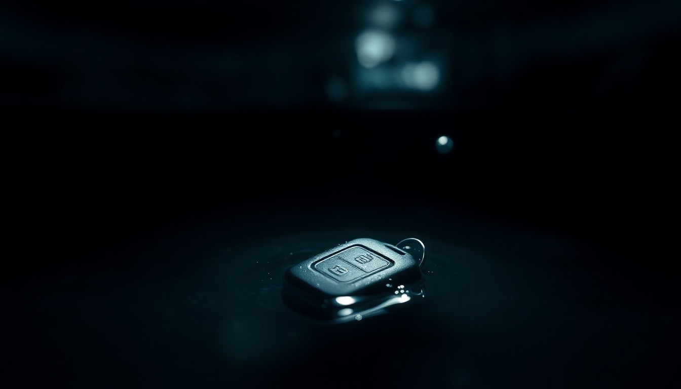 An extreme close-up photograph of a car key or other small car part submerged in murky water, lit by a harsh camera flash against a pitch-black background, conveying a sense of urgency and investigation into a vehicular incident.