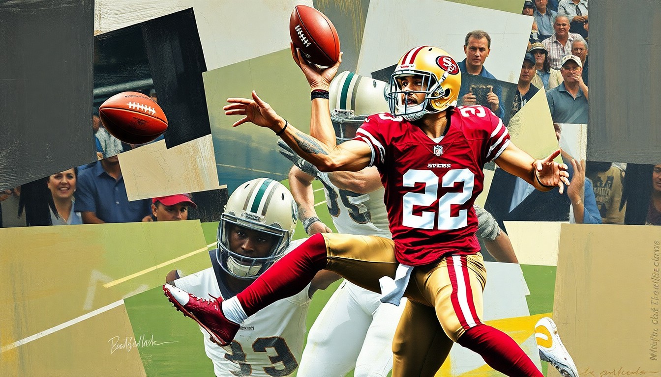 A cubist, geometric painting depicting a 49ers cornerback defending a pass, with sharp, overlapping planes of color and form representing the increased competition at the position.