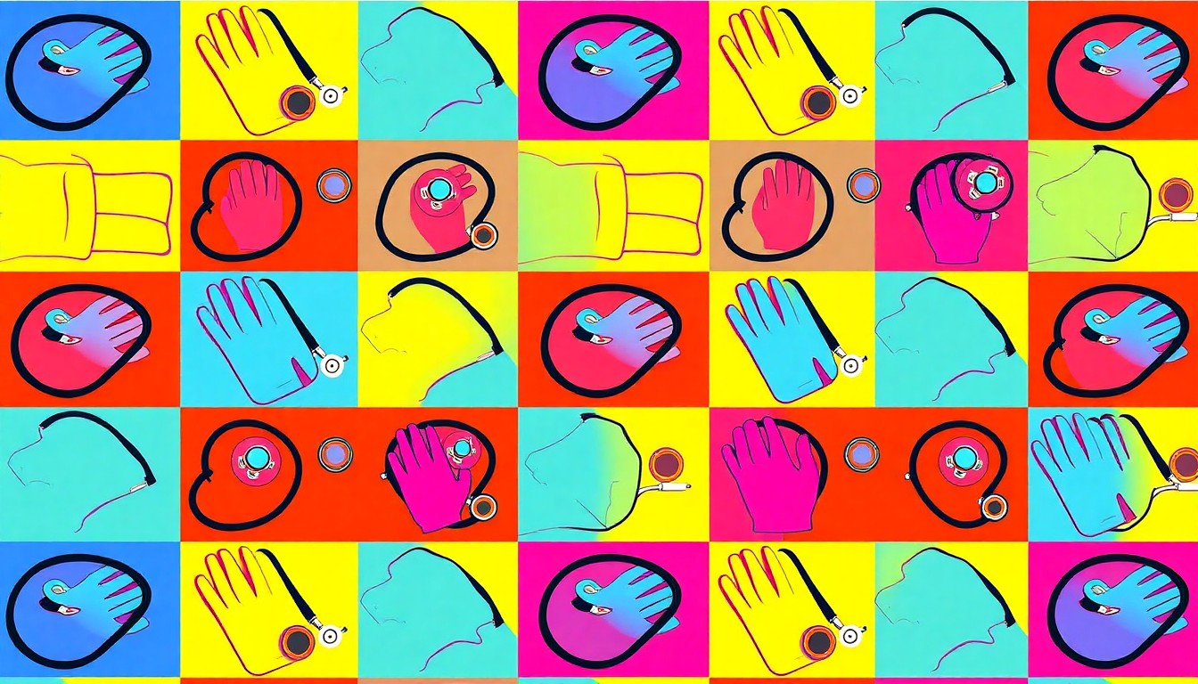 A brightly colored, high-contrast silkscreen print of a stethoscope repeated in a tight grid pattern, representing the hands-on medical experiences offered to students at the UPMC Memorial career event.