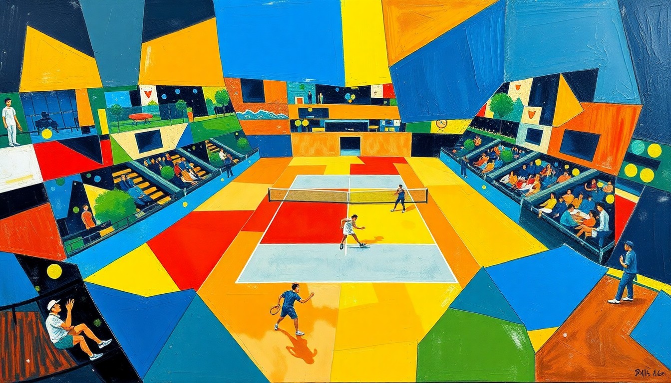A fragmented, geometric painting depicting the overlapping movements and perspectives of a men's tennis match, rendered in bold blue, yellow, and red shapes.
