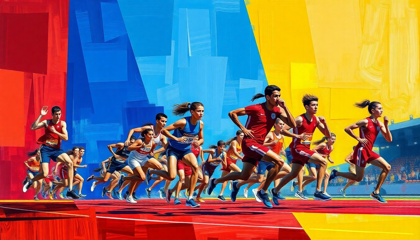 A fragmented, geometric painting depicting the dynamic movements of high school track and field athletes in a kaleidoscopic style, conveying the competitive spirit of the Paola Invitational.