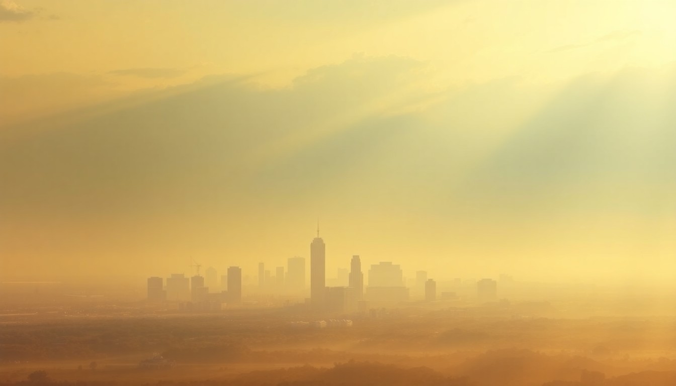 A sweeping, atmospheric landscape painting depicting the Jacksonville skyline in the distance, shrouded in a warm, hazy glow and dwarfed by the overwhelming scale of the natural environment.