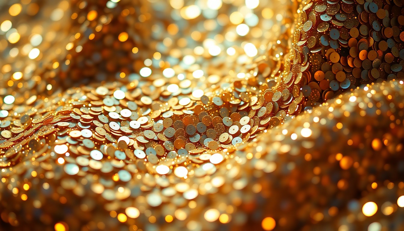 An extreme close-up photograph of shimmering sequins and metallic fabrics, capturing the luxurious, high-fashion aesthetic of the Coachella music festival.