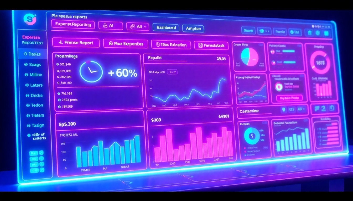 A highly detailed, glowing 3D illustration of a futuristic expense reporting dashboard interface, with neon cyan and magenta lights illuminating various data points and AI-powered analytics, conceptually representing the advanced technology powering automated expense management.