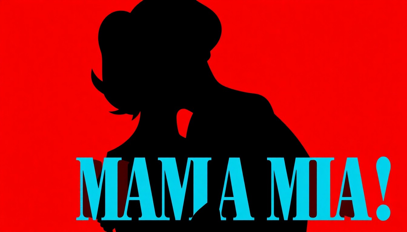 A minimalist, abstract poster design featuring stark black silhouettes of a mother and daughter embracing, set against a vibrant red background, conveying the emotional core of the MAMMA MIA! musical.