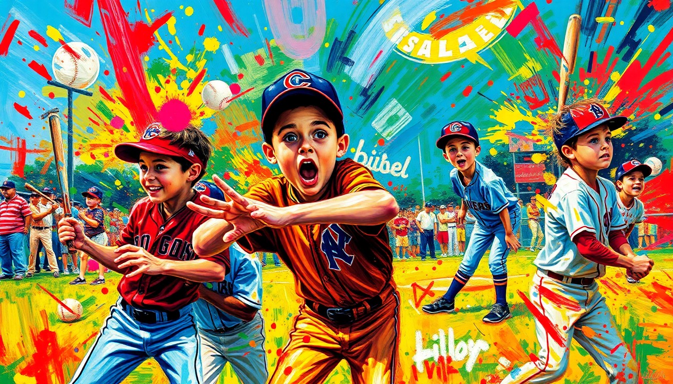 An abstract expressionist painting in neon colors, with rapid brushstrokes capturing the dynamic movement and energy of a youth baseball game.