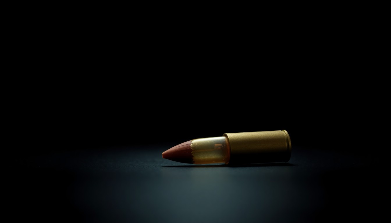 An extreme close-up photograph of a single spent bullet casing against a pitch-black background, creating a stark, gritty, investigative aesthetic that conceptually represents the violent crime scene evidence without depicting any literal violence.