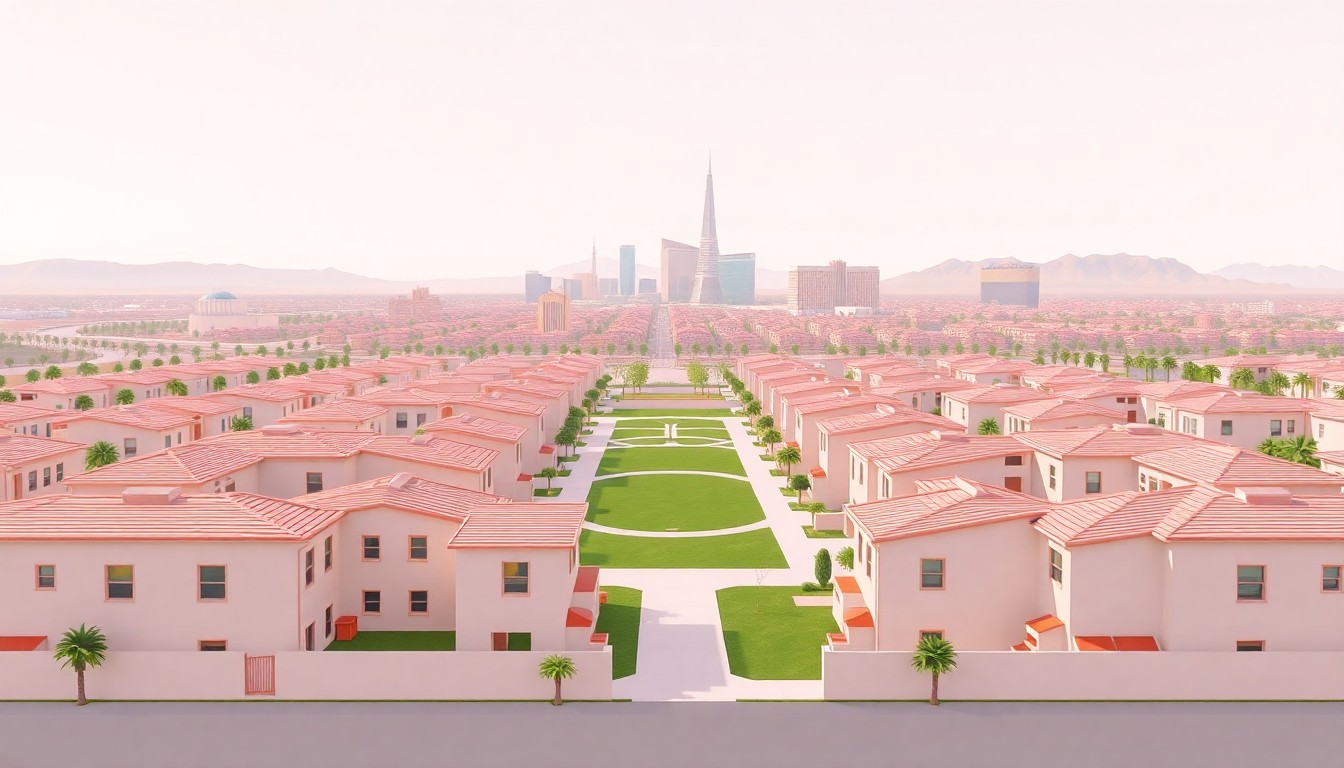 A miniature, stylized 3D illustration of a residential community with rows of two-story homes in soft pastel colors, featuring a central park or green space and a distant view of the Las Vegas skyline, conceptually representing the new Wellston Ridge development.