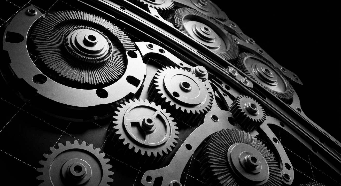 A high-contrast, cinematic close-up of the internal gears, circuits, and mechanical components of a financial trading platform, representing the complex infrastructure powering modern finance.