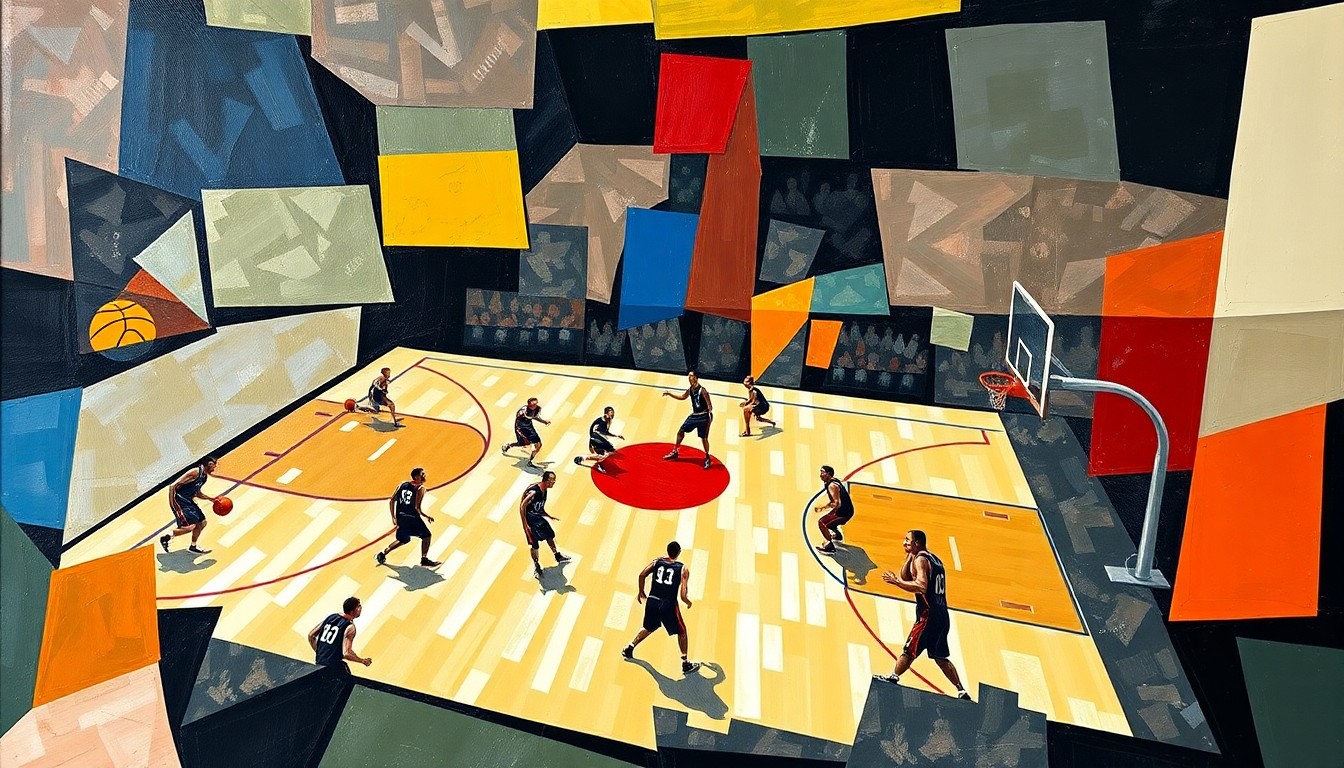 A fractured, cubist-style painting depicting a basketball game in motion, with the players and court broken down into sharp, overlapping geometric shapes and planes of vibrant colors, conveying a sense of raw energy and dynamism.