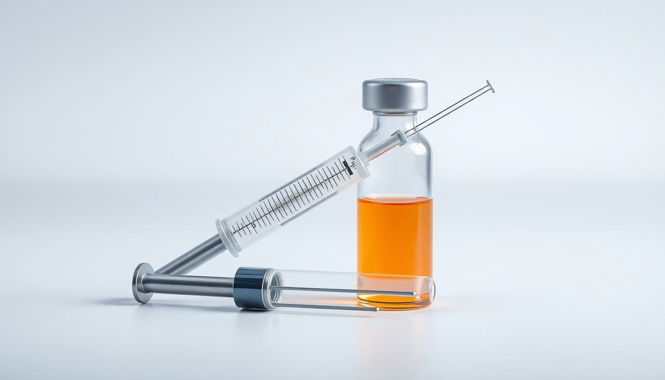 A photorealistic studio still-life featuring a shiny metal syringe and vial on a clean, monochromatic background, conceptually representing the abstract corporate strategy and financial risks in the biotech industry.