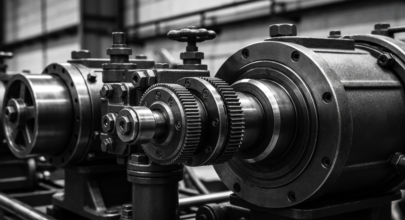 An extreme close-up of gears, levers, and other industrial banking equipment, conveying the physical, institutional nature of global finance without using literal currency or charts.