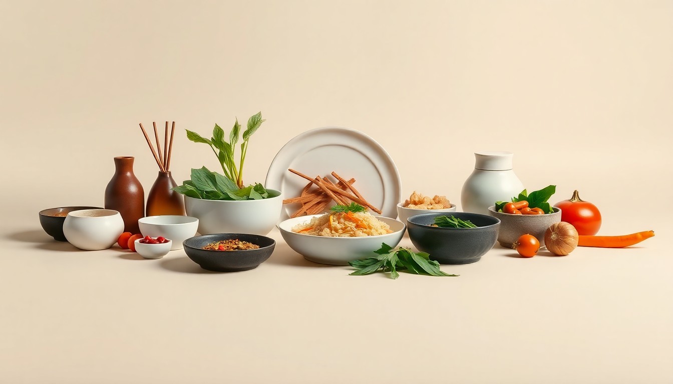 A high-end, photorealistic studio still-life photograph featuring a selection of Vietnamese cuisine ingredients and dishware, including fresh herbs, spices, and a steaming bowl of pho noodle soup, arranged elegantly on a clean, monochromatic background to convey the premium quality and authentic flavors of Truong Tien's menu.