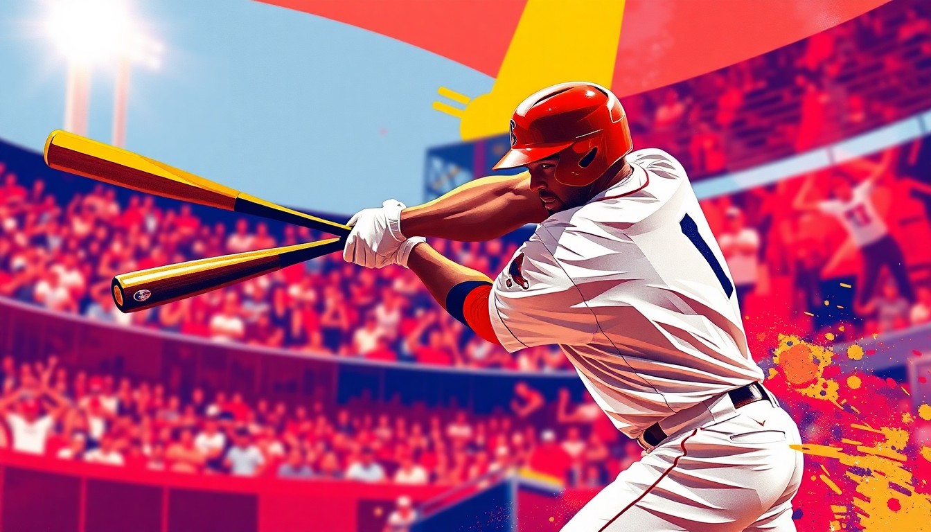 A fractured, multi-perspective painting in the bold, geometric style of Pablo Picasso, breaking down a Red Sox outfielder's swing into sharp, overlapping planes of color and form to convey the raw power and motion of the game.
