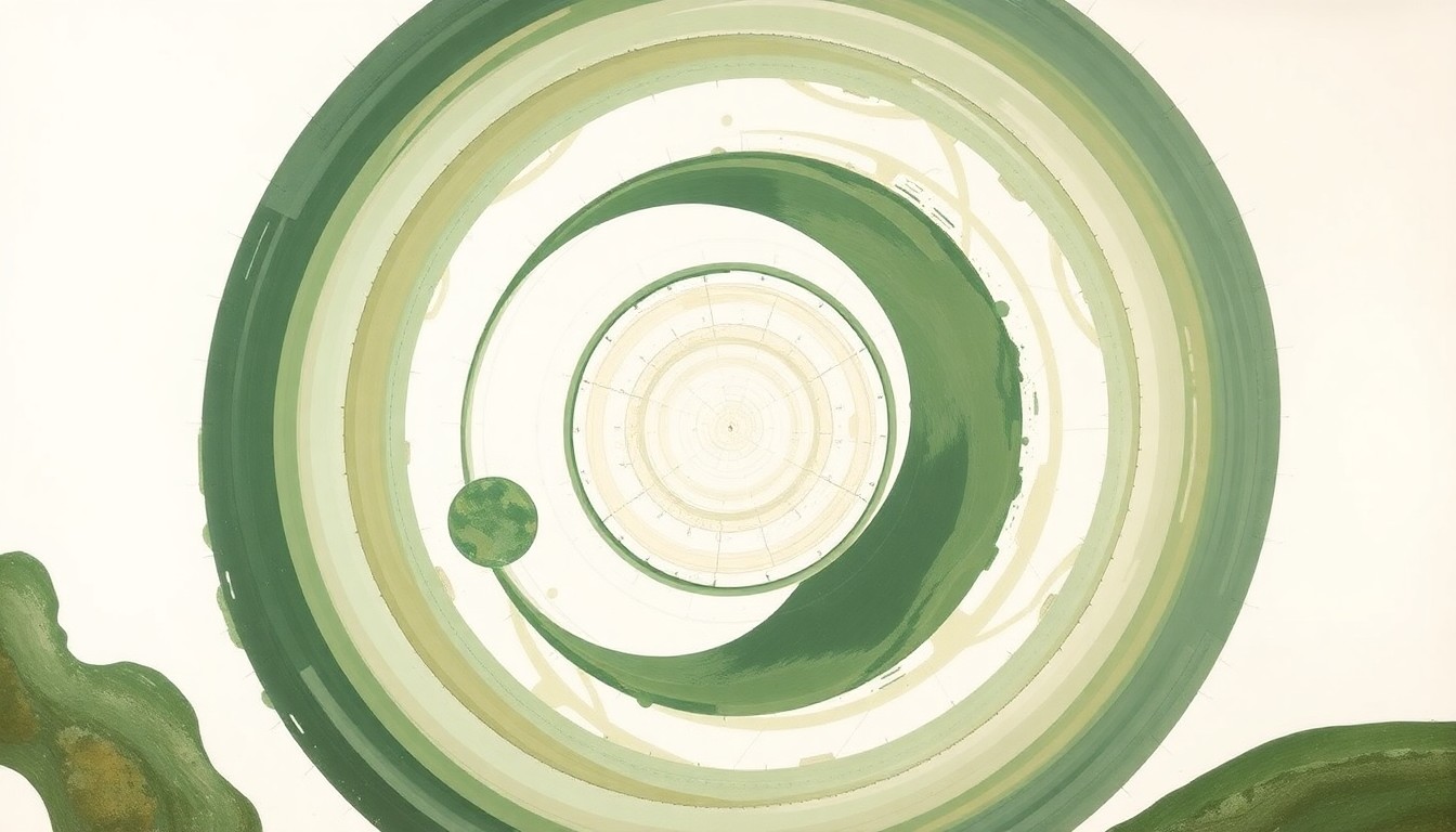 A highly structured abstract painting featuring sweeping geometric arcs, concentric circles, and precise botanical spirals in earthy tones of green, brown, and blue, conceptually representing the intricate scientific forces and engineering challenges of the Artemis II lunar mission.
