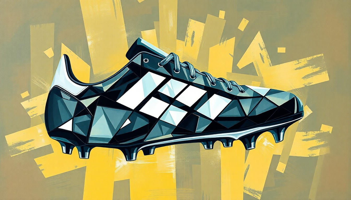 A cubist, geometric painting depicting the Adidas Predator 2027 soccer cleat, with the signature white stripes deconstructed into sharp, overlapping planes of color, creating a dynamic, abstract interpretation of the iconic boot design.