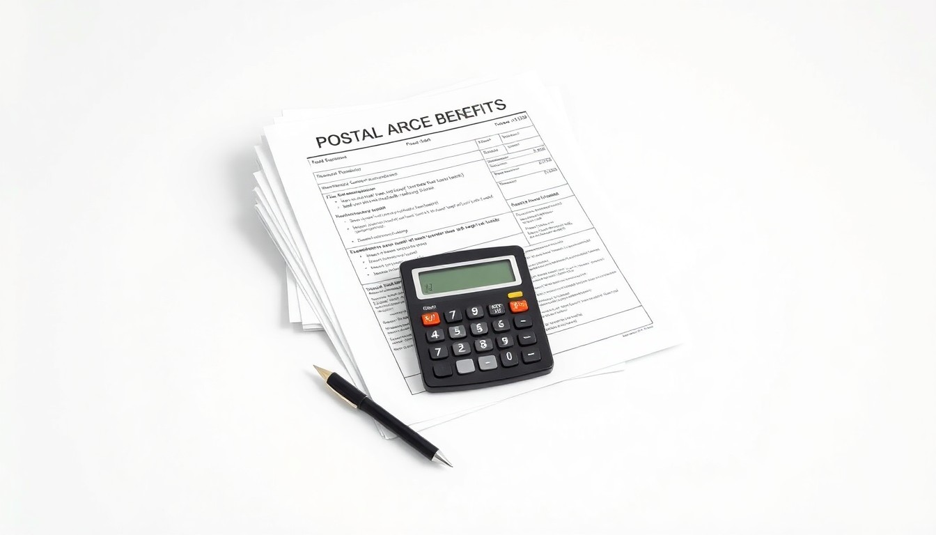 A photorealistic studio still life featuring a stack of government paperwork, a calculator, and a pen on a clean, monochromatic background, symbolizing the bureaucratic challenges faced by retired postal workers in accessing their benefits.