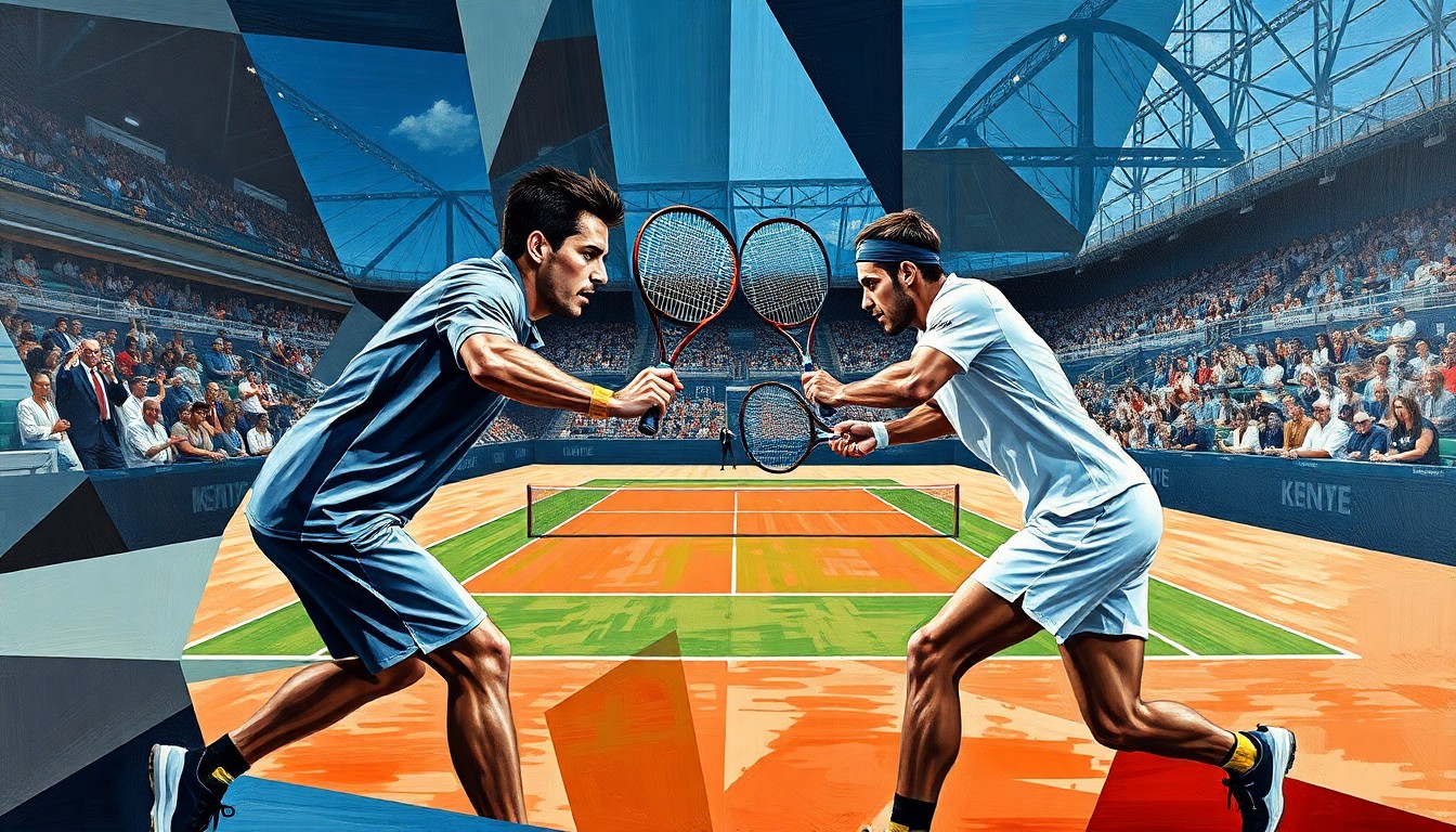A fractured, geometric painting depicting a tennis match between two players, with their figures and the court broken down into sharp, overlapping planes of color and shape, conveying the intensity and unexpected outcome of the contest.