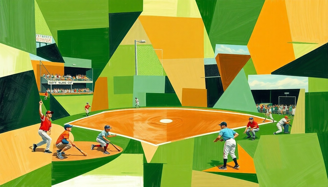 A cubist, geometric painting depicting a youth baseball game, with the players and field broken down into sharp, overlapping shapes in a palette of greens, browns, and whites, conceptually representing the financial barriers to youth sports participation.