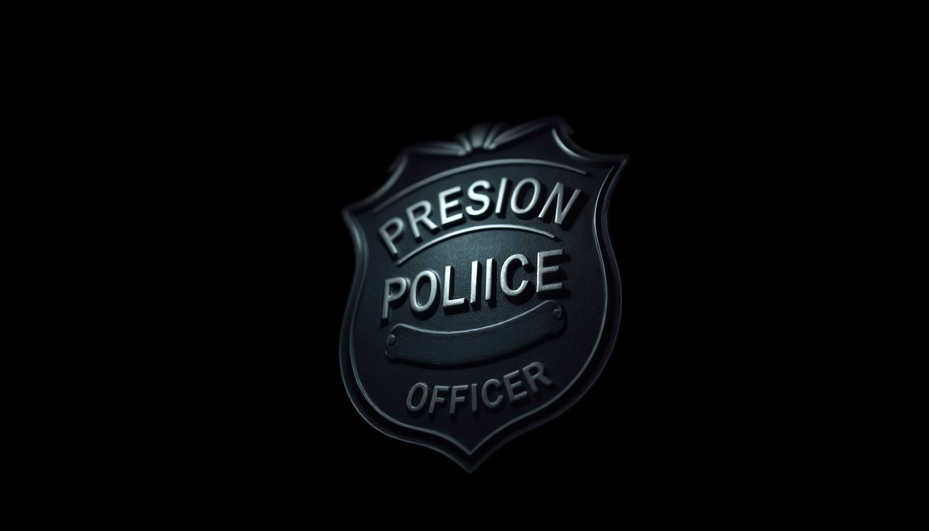 An extreme close-up photograph of a probation officer's badge, lit by a harsh, direct camera flash against a pitch-black background, creating a stark, gritty, investigative aesthetic.