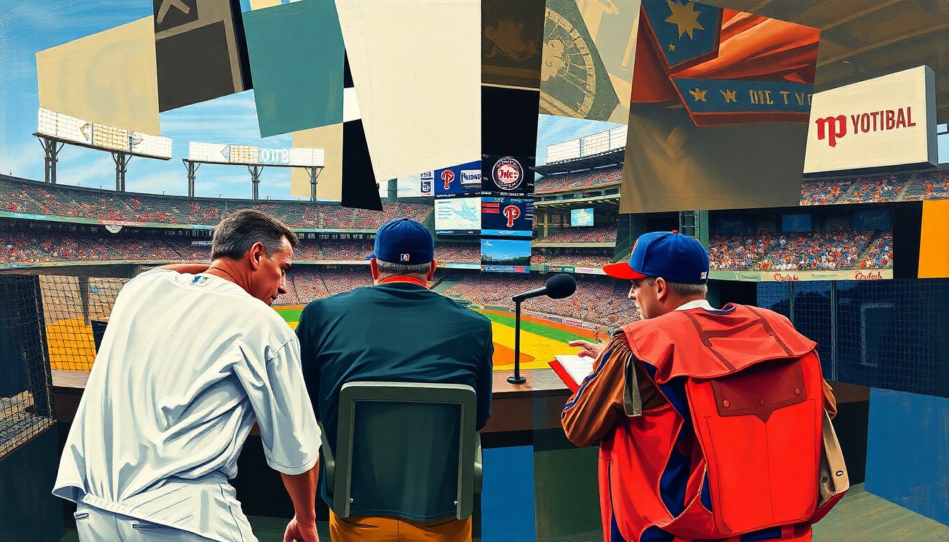 A cubist, geometric painting depicting a fractured, multi-perspective scene of a baseball broadcast booth, capturing the dynamic tension and rivalry between the McCarthys' careers on opposite sides of the Mets-Phillies divide.