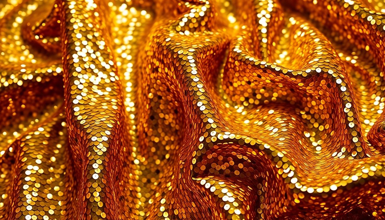 An extreme close-up photograph of a crumpled, glittering gold sequin fabric, reflecting dramatic studio lighting to create a high-fashion, celebrity-inspired aesthetic.