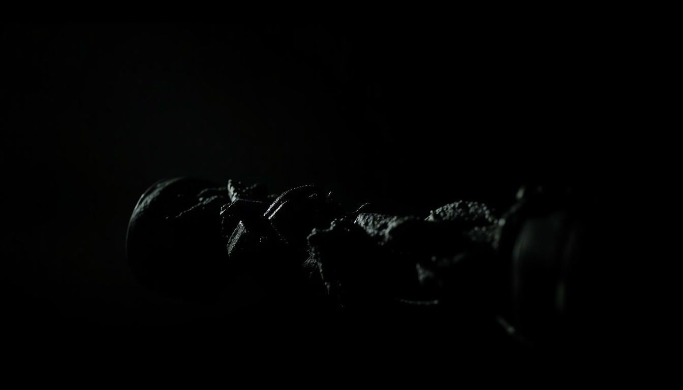 An extreme close-up of a charred, twisted metal object from the fireworks warehouse, dramatically lit by a harsh flash against a dark background, conveying the gritty, investigative nature of this tragic incident.