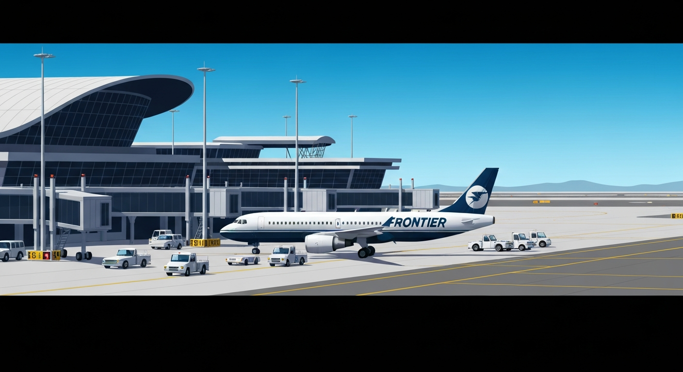A highly stylized, geometric illustration in the Art Deco style, depicting the sweeping forms and scale of a modern airport, with a Frontier Airlines jet on a taxiway surrounded by service vehicles in the foreground, conceptually representing the close call incident at LAX.
