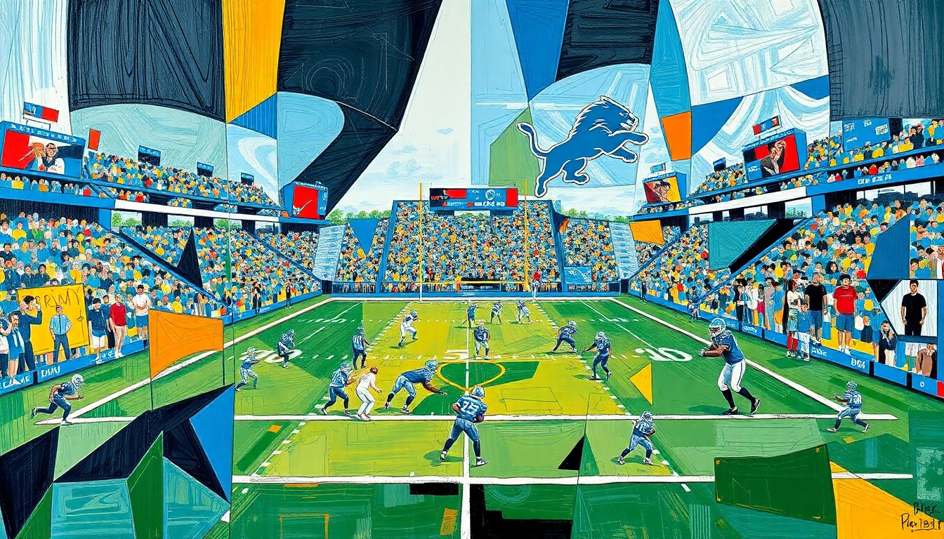 A cubist, geometric painting depicting a fractured, multi-angled view of a Detroit Lions football game or practice, with sharp planes of color and form representing the team's on-field action.