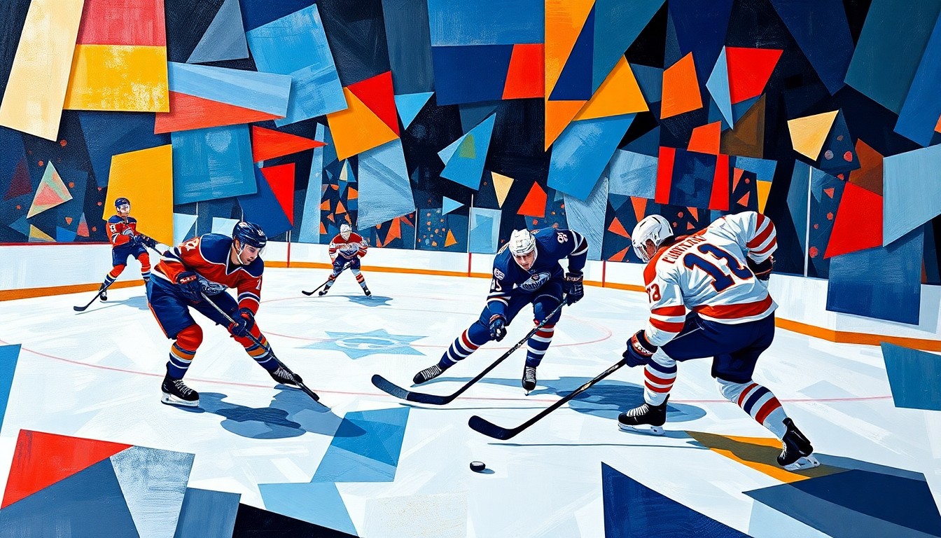 A cubist, geometric painting depicting an Oilers hockey game, with players and the puck represented as fragmented, angular shapes in the team's official colors of blue, orange, and white, capturing the raw energy and intensity of the sport.